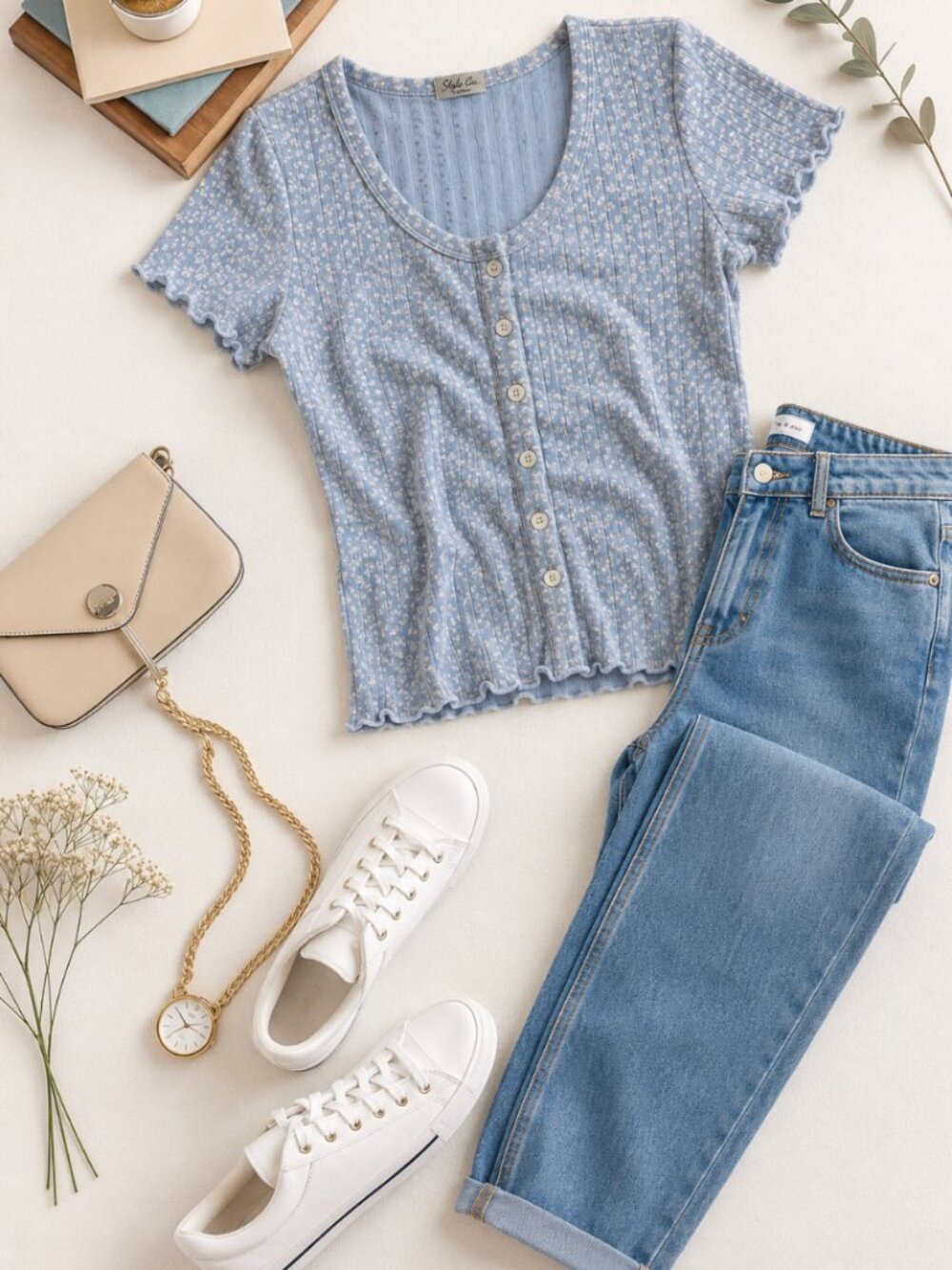 Brandy Melville Sky Blue Floral Ribbed/Pointelle Button Front Baby Tee Size S/M
